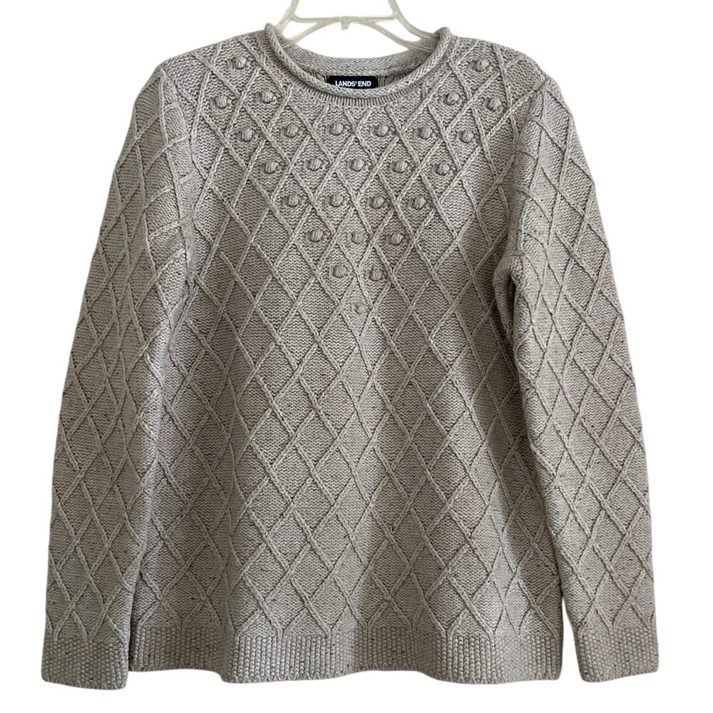 Lands End Fisherman Sweater Womens Size M Beige Casual Work Chunky Cozy Layer